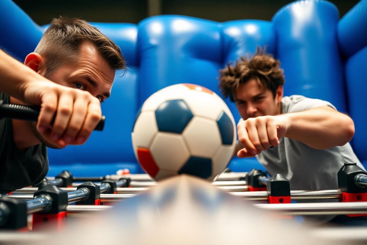 Players gripping poles on a life-size human foosball court